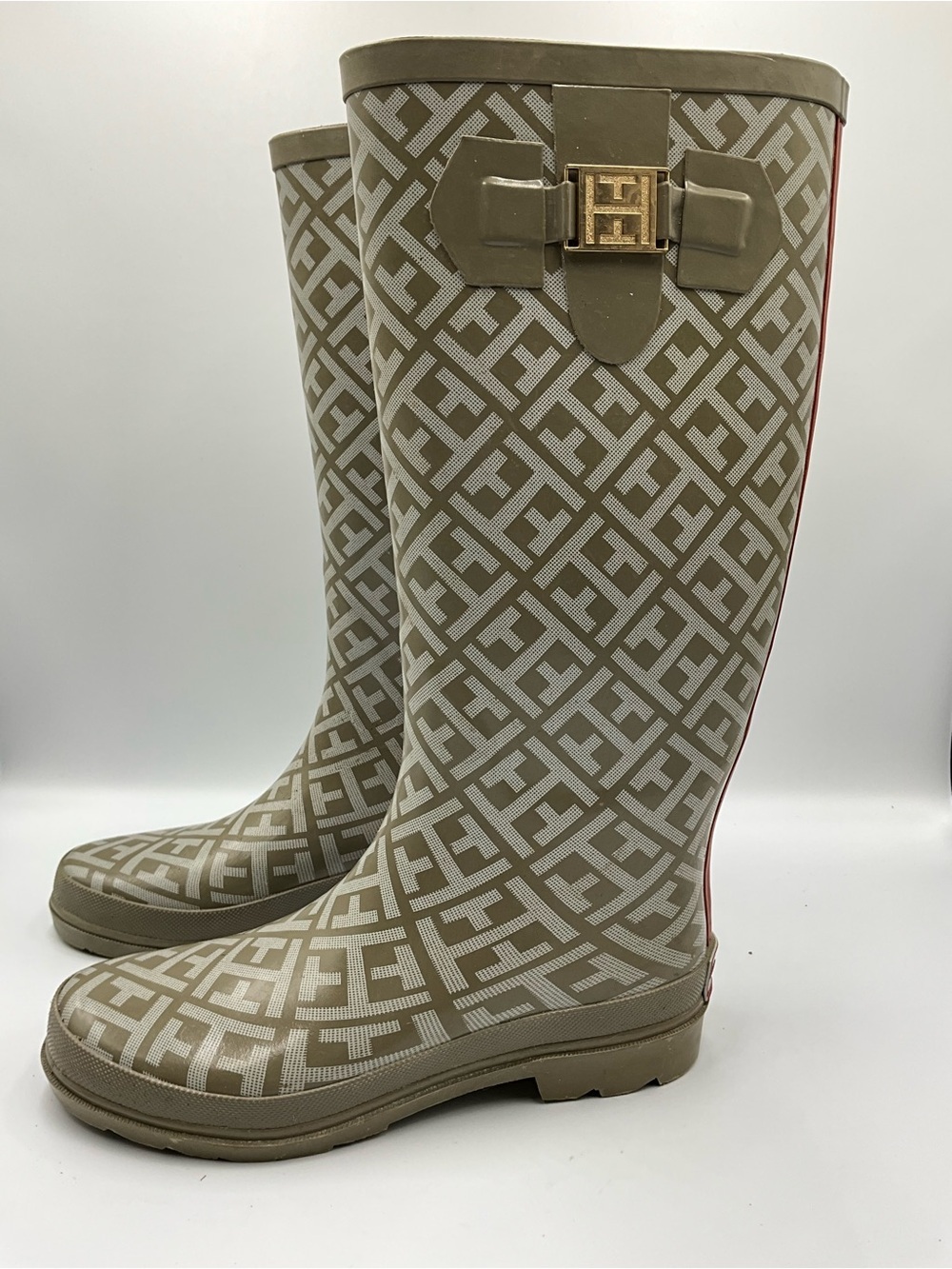Tommy Hilfiger Rain Boots Size 6 Beige Monogram Rain Boots with Gold Buckle